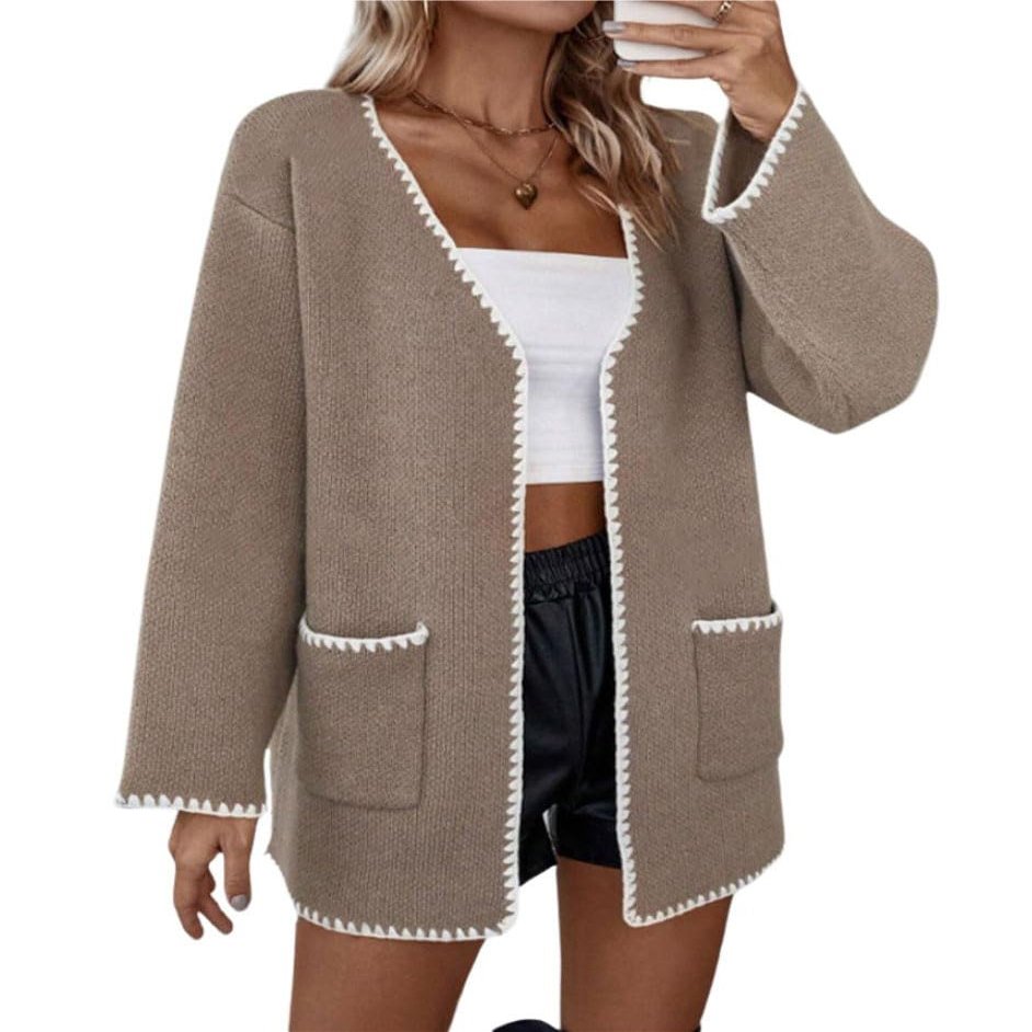 chouyatou Women's Color Block Embroidered Knit Cardigan Contrast Trim Open Front Sweater Jacket with Pockets (Small, Dark Khaki)
