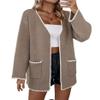 chouyatou Women's Color Block Embroidered Knit Cardigan Contrast Trim Open Front Sweater Jacket with Pockets (Small, Dark Khaki) view 1