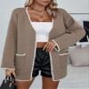 chouyatou Women's Color Block Embroidered Knit Cardigan Contrast Trim Open Front Sweater Jacket with Pockets (Small, Dark Khaki) view 2