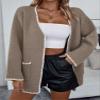 chouyatou Women's Color Block Embroidered Knit Cardigan Contrast Trim Open Front Sweater Jacket with Pockets (Small, Dark Khaki) view 4