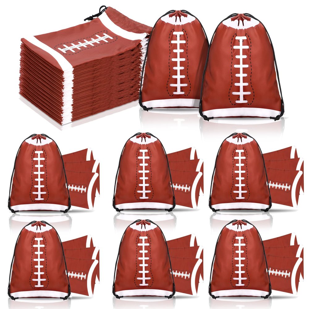Berlune 48 Pieces Football Party Favors Drawstring Gift Bags 10 x 7 Inch Football Sports Goodie Bags Super Birthday Supplies Backpack Bulk Bowl for Gym Travel Party Storage Favors Supplies