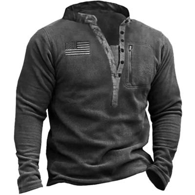 Abborora Men's Outdoor Tactical Fleece Sweatshirt American Flag Print Henley Collar Sweater (X-Large,Dark gray)