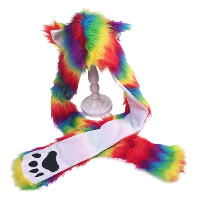 Dsgzkk Hat,3 in 1 Women Girl Hooded Scarf with Pockets Hat Long Scarf Gloves Cute Rainbow Ears Thicken Plush Warm Shawl Wrap