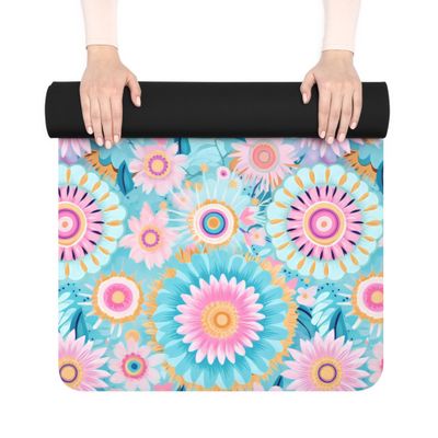 Blue Boho Floral .12" Thin Rubber Yoga Mat, Home Exercise Pilates Fitness Wellness Gift, Stylish Hippie Women's Yoga Mat