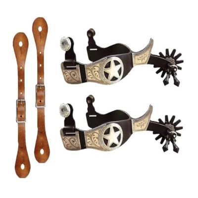 MORECP Horse Spurs Pair with Leather Spurs Belt, Antique Brass Western Style Spurs for Men and Women, Hand Carved Silver Spurs for Horseback Riding, Equestrian Competition MP04