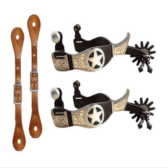 MORECP Horse Spurs Pair with Leather Spurs Belt, Antique Brass Western Style Spurs for Men and Women, Hand Carved Silver Spurs for Horseback Riding, Equestrian Competition MP04