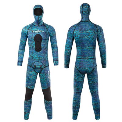 Blue Camo Spearfishing Wetsuits for Men Women, 3mm Neoprene Top+Pants Two Pieces Set Hooded Super Stretch Diving Suit (Blue, XL)