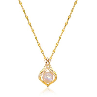 14K Gold Plated Zircon Pairing Necklace with Pearl Pendant, 18 in Chain