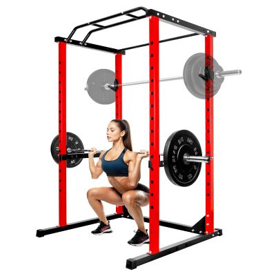 Power Squat Rack, Power Cage 1200 Pounds Capacity, Multi-Functional Power Rack with J-Hooks, All-in-One Squat Rack Free Weight Home Gym Workout Machine (Red)