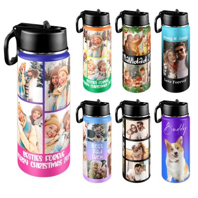 Personalized Photo Water Bottle with Straw Lid, 18 oz/32 oz Custom Stainless Steel Sports Water Bottle with Picture Name or Text-Double Wall Vacuum Insulated Gift Cup for Kids Women Men