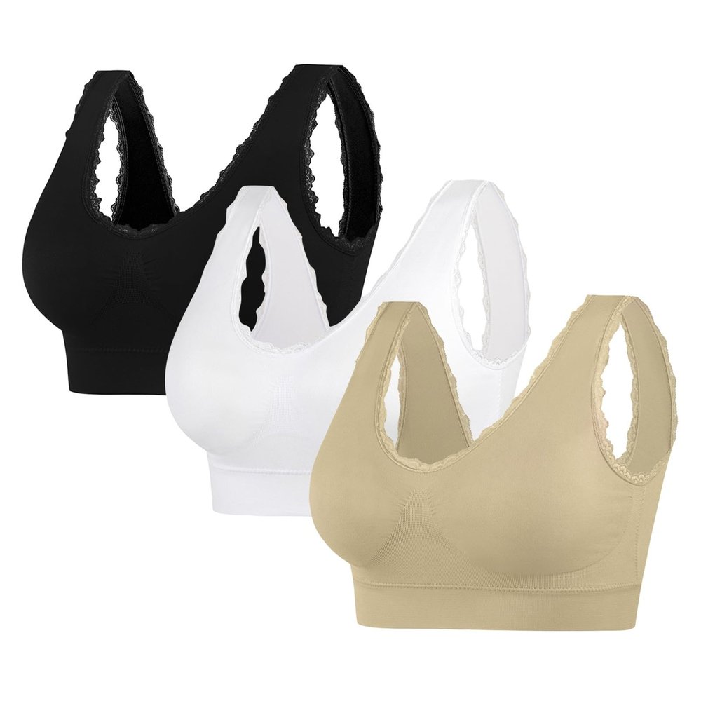 3PC Bras for Women Seamless Stretchy Sport Yoga Lace Trim Padded Bralette Sexy No Underwire Soft Plus Size Underwear