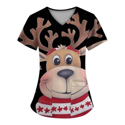 Women Christmas Scrubs Xmas Nurse Uniforms Top V Neck Cartoon Pattern Short Sleeve Nursing Uniform with Pockets