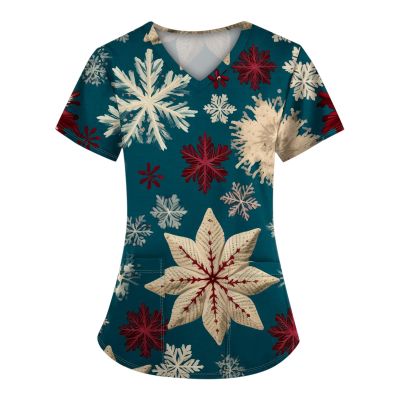 Women Christmas Scrubs Xmas Nurse Uniforms Top V Neck Cartoon Pattern Short Sleeve Nursing Uniform with Pockets
