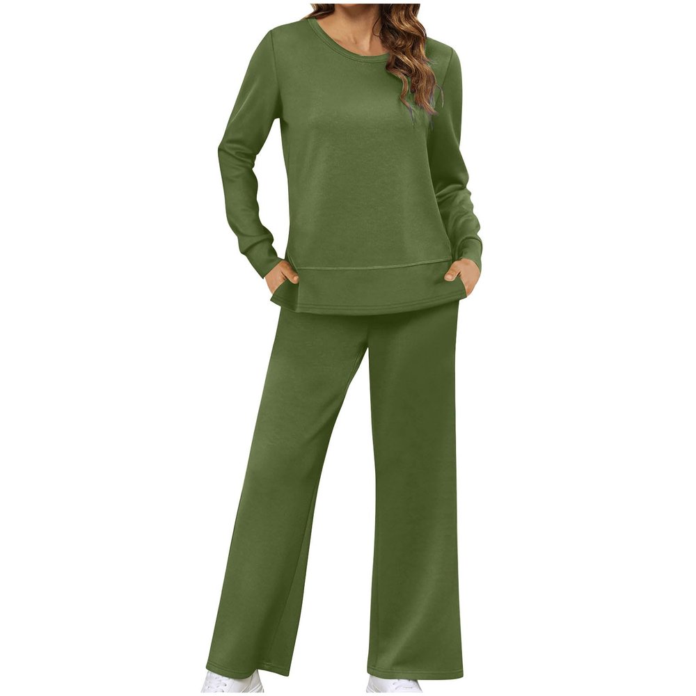 2 Piece Outfits for Women Sweatsuits Casual Sets Side Slit Sweatshirt Straight Leg Pants Plus Size Sports Pants Suit 1-Army Green 3X-Large
