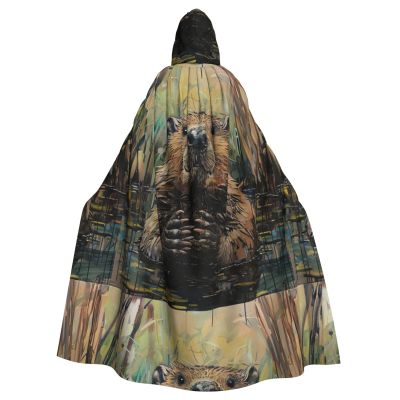 WURTON Beaver Print Full-Length Carniva Masquerade Cape Hood for Adults,Witch Costume Cloak,185 cm XXL