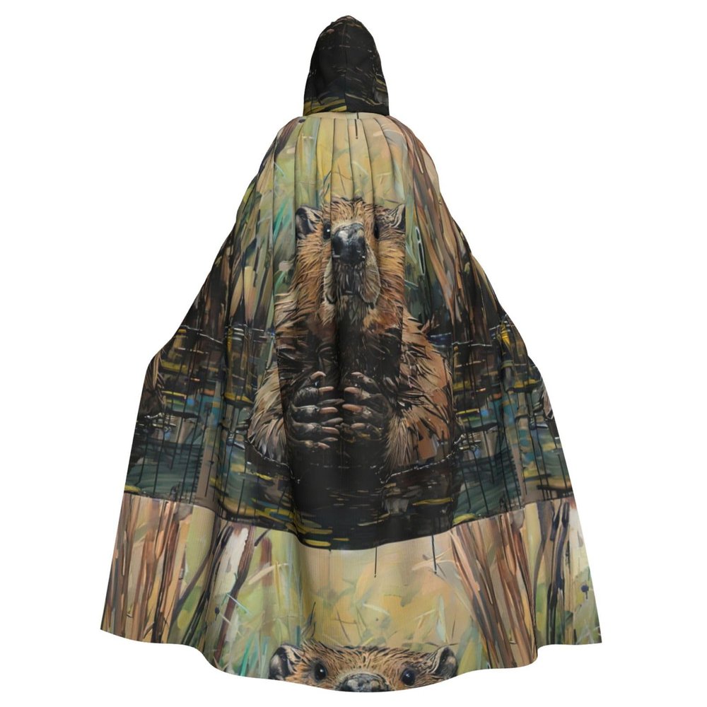 WURTON Beaver Print Full-Length Carniva Masquerade Cape Hood for Adults,Witch Costume Cloak,185 cm XXL