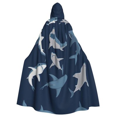 WURTON Ocean Shark Print Full-Length Carniva Masquerade Cape Hood for Adults,Witch Costume Cloak,185 cm XXL