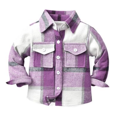 AIMAOMI Toddler Baby Boys Girls Jacket Flannel Plaid Long Sleeve Lapel Button Down Shirts Infan Fall Winter (Purple, 6-12 Months)