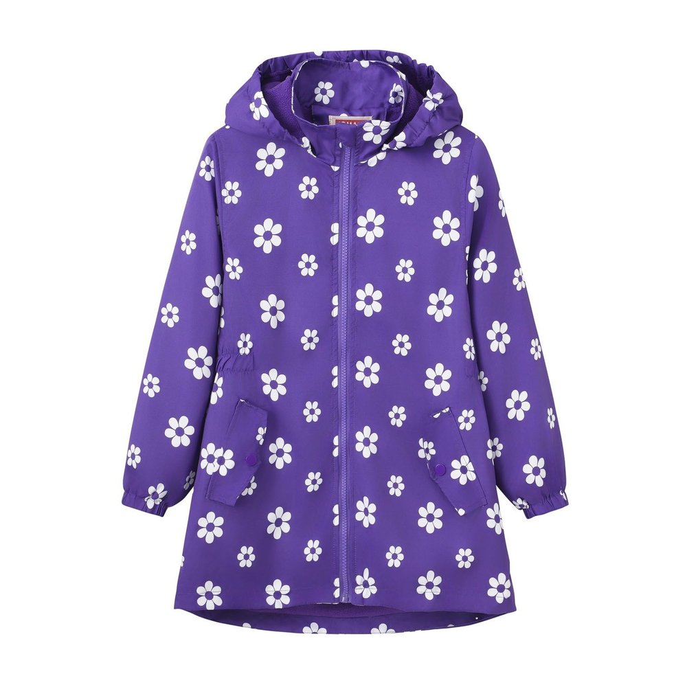 Girls Outdoor Floral Fleece Lined Light Windproof Jacket with Hood Water Proof Raincoats Windbreaker (Purple, 7-8 Years)