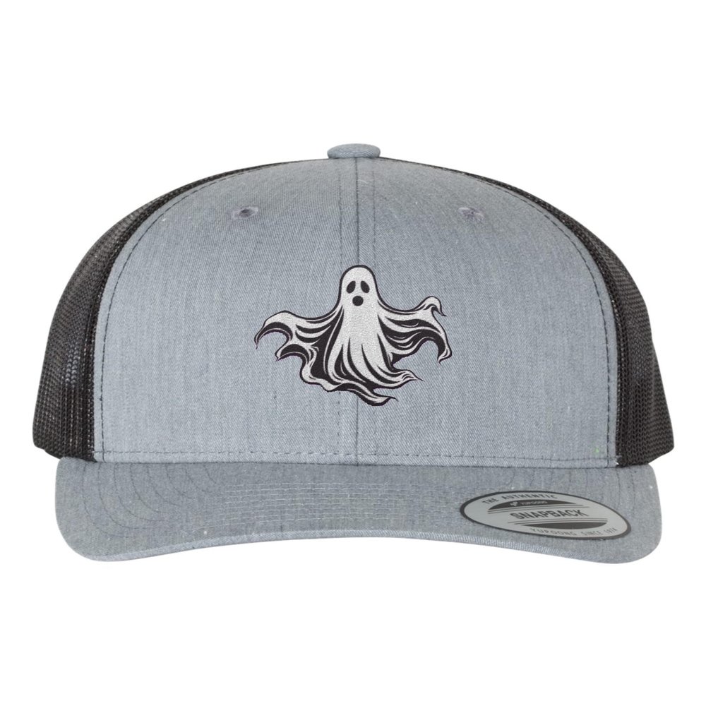 Adjustable Heather Grey/Black Structured Trucker Floating Ghost Halloween Structured Trucker Cap