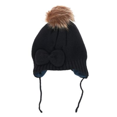 CTM Girl's One Size Fits Most Knit Winter Beanie with Pom Bow and Ear Flaps, Black