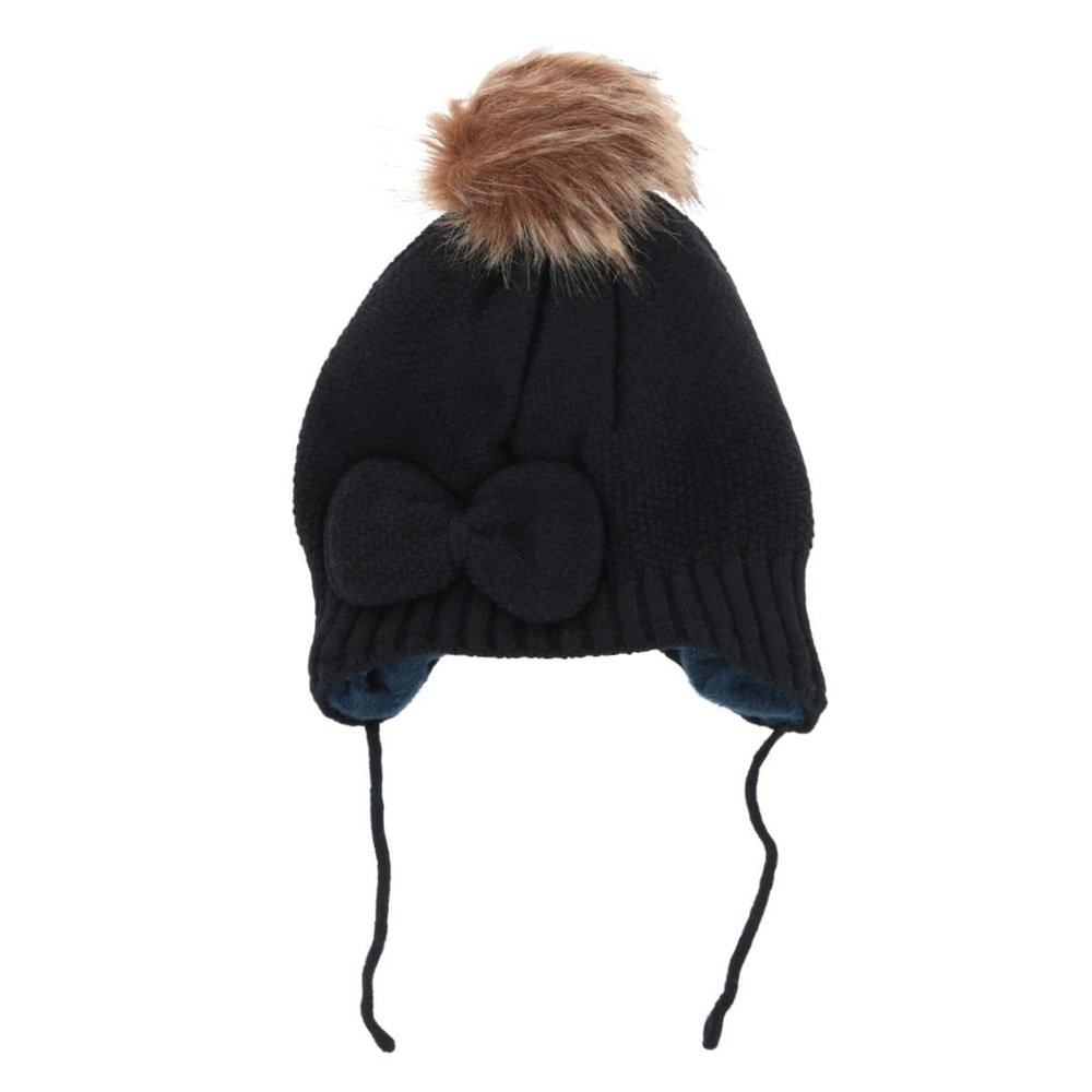 CTM Girl's One Size Fits Most Knit Winter Beanie with Pom Bow and Ear Flaps, Black