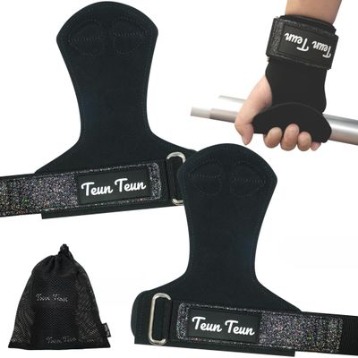 Teun Teun Glitter Weightlifting Wrist Straps for Women Sparkle Leather Gym Straps for Deadlifts, Workout Lifting Grips with Neoprene Padded Wrist Support (Black)