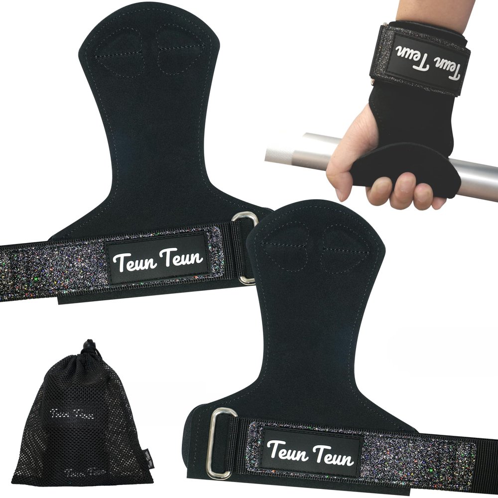 Teun Teun Glitter Weightlifting Wrist Straps for Women  Sparkle Leather Gym Straps for Deadlifts, Workout Lifting Grips with Neoprene Padded Wrist Support (Black)
