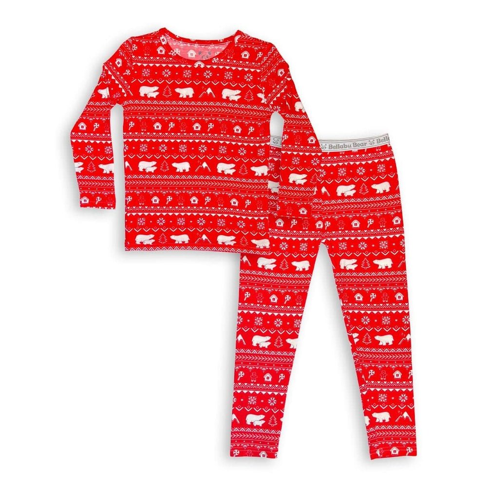 Bellabu Bear Two-Piece Pajama Set for Boys & Girls, Matching Family Pajamas, Rayon from Bamboo 7/8Y (Polar Isle Red, 7/8Y)