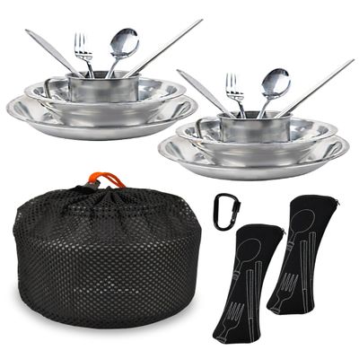 Mess Kit for 2 Person - Camping Kitchen and Utensil Set, Picnic Dish Set, Stainless Steel Dinnerware With Plate, Bowl, Cup for Backpacking