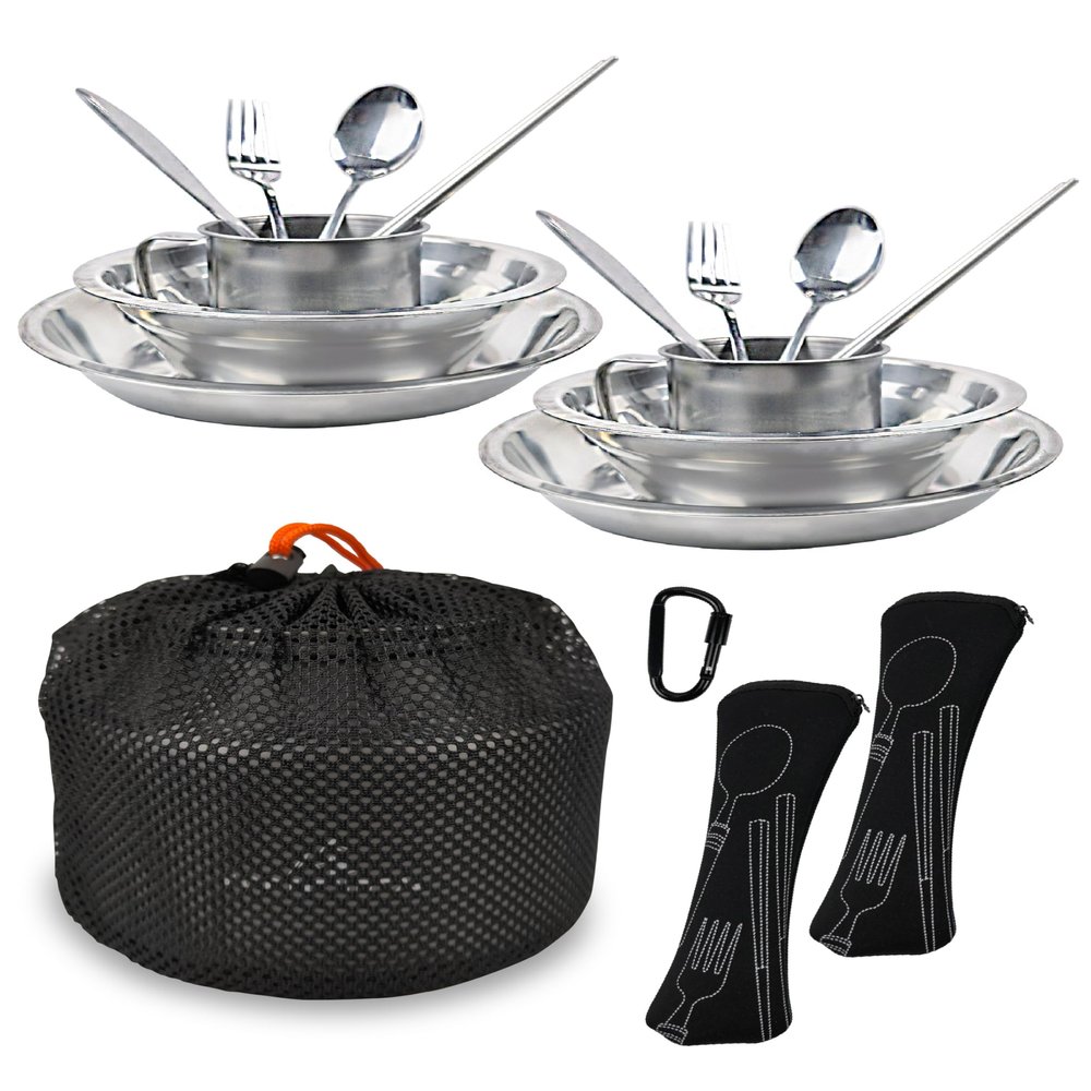 Mess Kit for 2 Person - Camping Kitchen and Utensil Set, Picnic Dish Set, Stainless Steel Dinnerware With Plate, Bowl, Cup for Backpacking