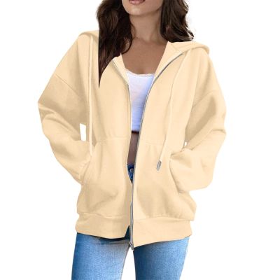 Free People Jacket Dupe,Women Zip Up Hoodie Long Sleeve Oversized Sweatshirts Y2K Jacket Pockets Patchwork Design Drawstring Hooded JacketsSmall,Beige