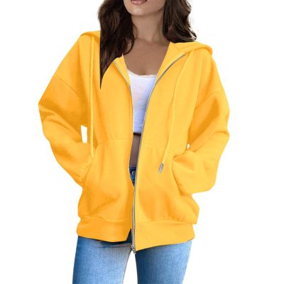 HUEAHDOU Zip Up Sweater Women,Women Zip Up Hoodie Long Sleeve Oversized Sweatshirts Y2K Jacket Pockets Patchwork Design Drawstring Hooded Jackets3X-Large,Yellows