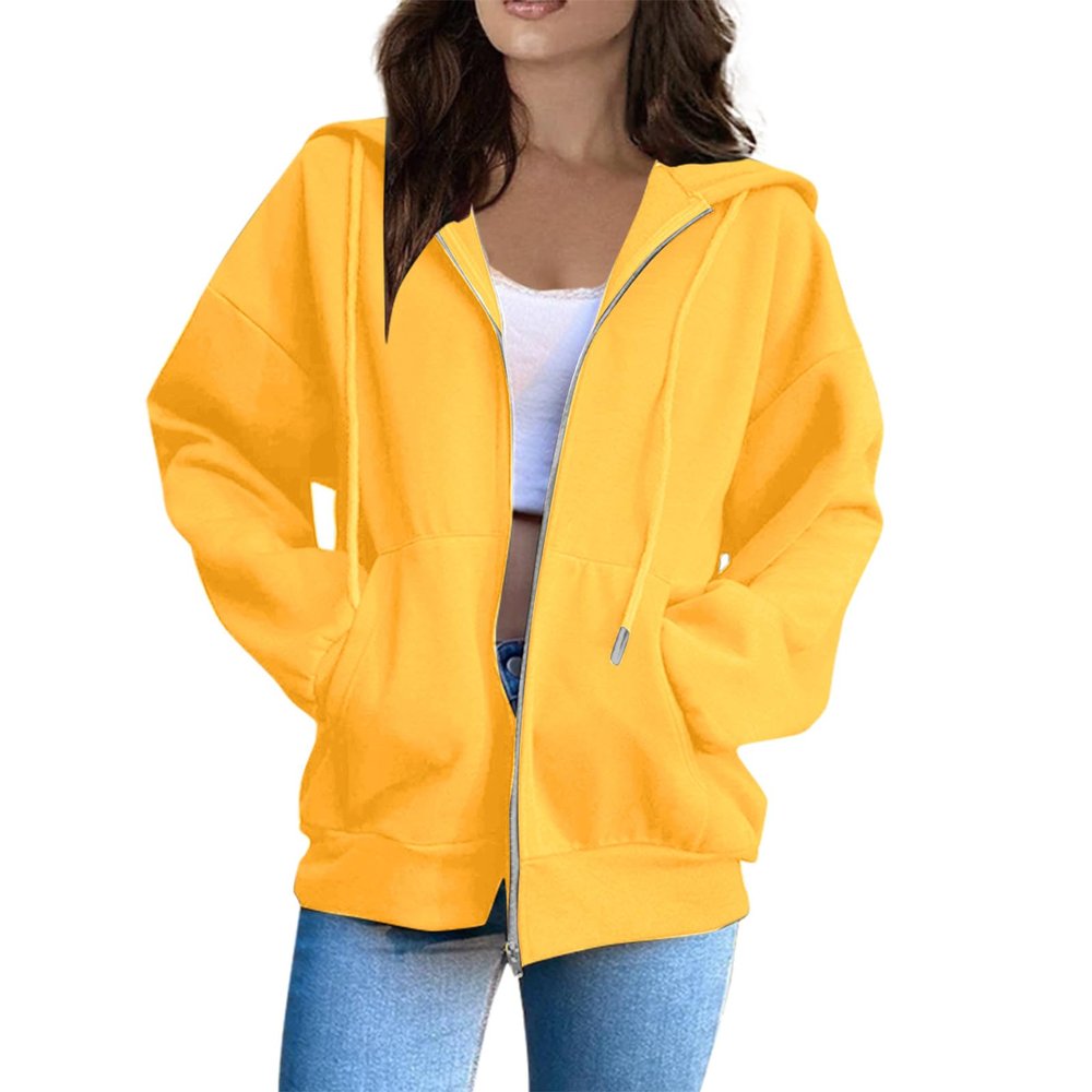 HUEAHDOU Zip Up Sweater Women,Women Zip Up Hoodie Long Sleeve Oversized Sweatshirts Y2K Jacket Pockets Patchwork Design Drawstring Hooded Jackets3X-Large,Yellows
