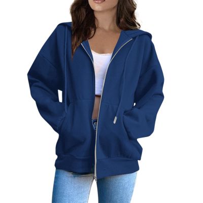 HUEAHDOU Zip Up Sweaters for Women,Women Zip Up Hoodie Long Sleeve Oversized Sweatshirts Y2K Jacket Pockets Patchwork Design Drawstring Hooded Jackets3X-Large,Blues