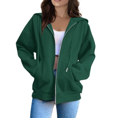HUEAHDOU Fleece Jacket Women,Women Zip Up Hoodie Long Sleeve Oversized Sweatshirts Y2K Jacket Pockets Patchwork Design Drawstring Hooded JacketsXx-Large,Greens