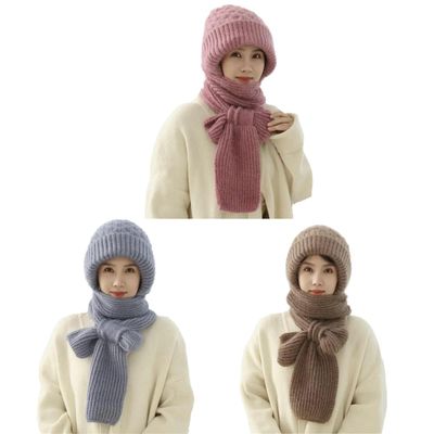 2 in 1 Integrated Ear Protection Windproof Cap Scarf, Winter Warm Knitted Hat Scarf, Winter Hat and Scarf Set for Women(3pcs)