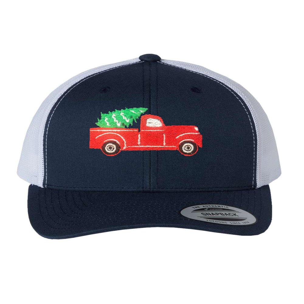 Adjustable Navy/White Structured Trucker Red Truck with Christmas Tree Structured Trucker Cap