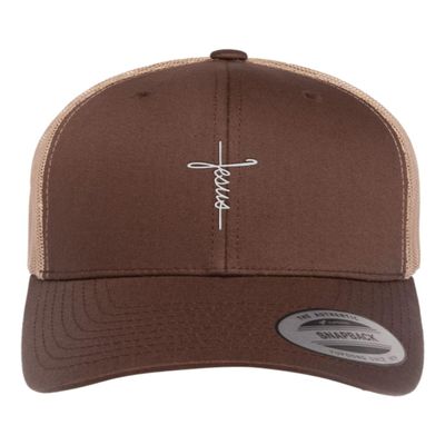 Adjustable Brown/Khaki Structured Trucker Jesus Cross Script Christian Structured Trucker Cap