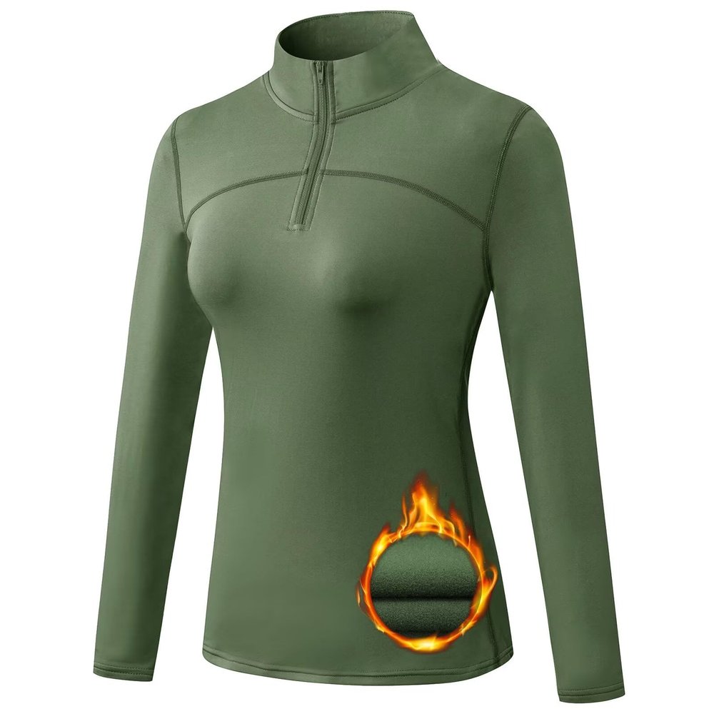 TERODACO Women's Quarter Zip Fleece Pullover Jacket Athletic Skiing Base Layer Thermal Shirts Cold Weather Running Hiking Gear Winter Underwear Tops for Women 12523 Green L