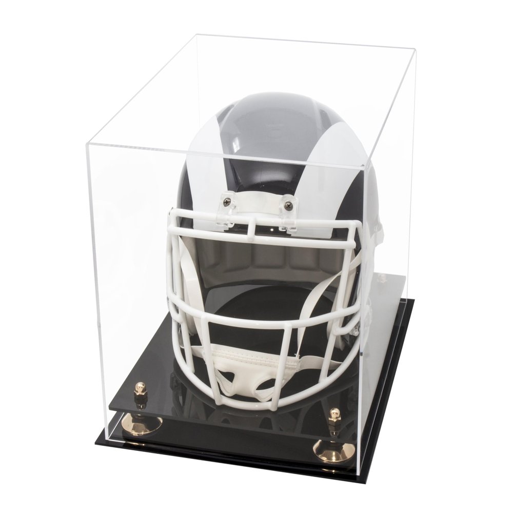Acrylic Display Case for Full Size Football Helmet, Premium Football Display Case with Clear Back, Black Base & Gold Risers Protects Sports Memorabilia & Collectibles,Dimension 14.5"L x 11"W x 12"H