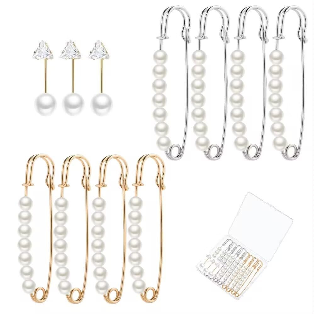 11 Pcs Pearl Brooch Pins, Sweater Shawl Clips Rhinestones Brooches for Women Clothing Dress Pants Skirt Waist Decoration Accessories with Storage Box