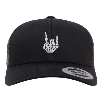 Adjustable Black Structured Trucker Skeleton Hand Rock On Structured Trucker Cap