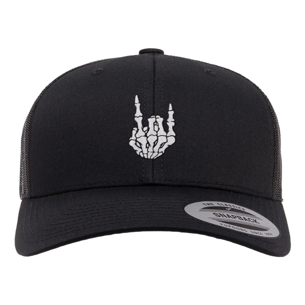 Adjustable Black Structured Trucker Skeleton Hand Rock On Structured Trucker Cap