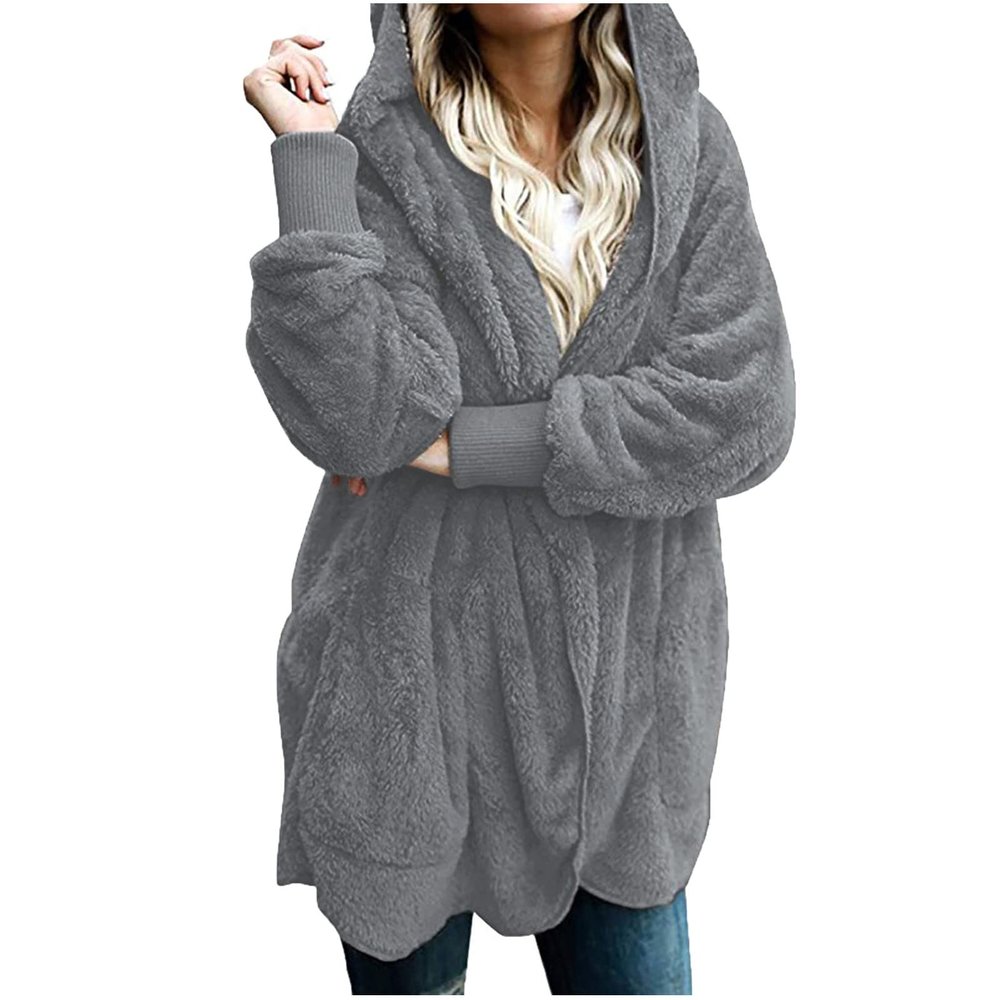 Denim Jacket Plus Size Fleece Jacket Women Winter Oversized Hooded Fuzzy Open Front Cardigans Coats Fluffy Sherpa Outerwear with Pockets Women Trench Coats Mid Length