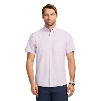 Izod Men's Breeze Short Sleeve Button Down Patterned Shirt, Prism Pink, Large