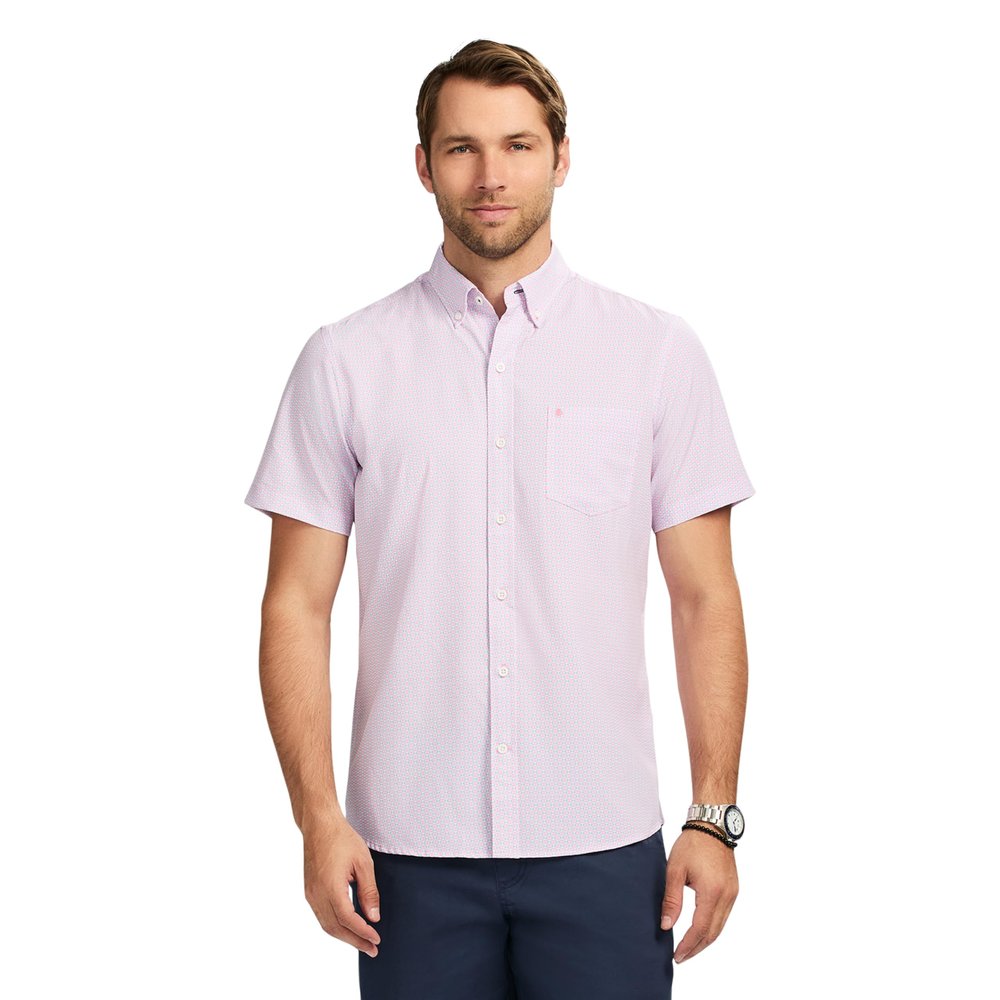 Izod Men's Breeze Short Sleeve Button Down Patterned Shirt, Prism Pink, XX-Large