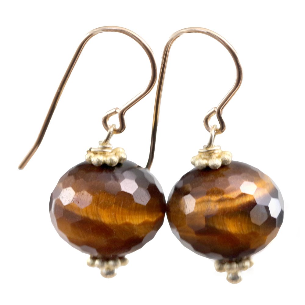 14k Gold Filled Tiger's Eye Earrings Simple Faceted Round Golden Yellow Velvety Shimmer Drops Goldtone Beaded Accents 1.2 Inches