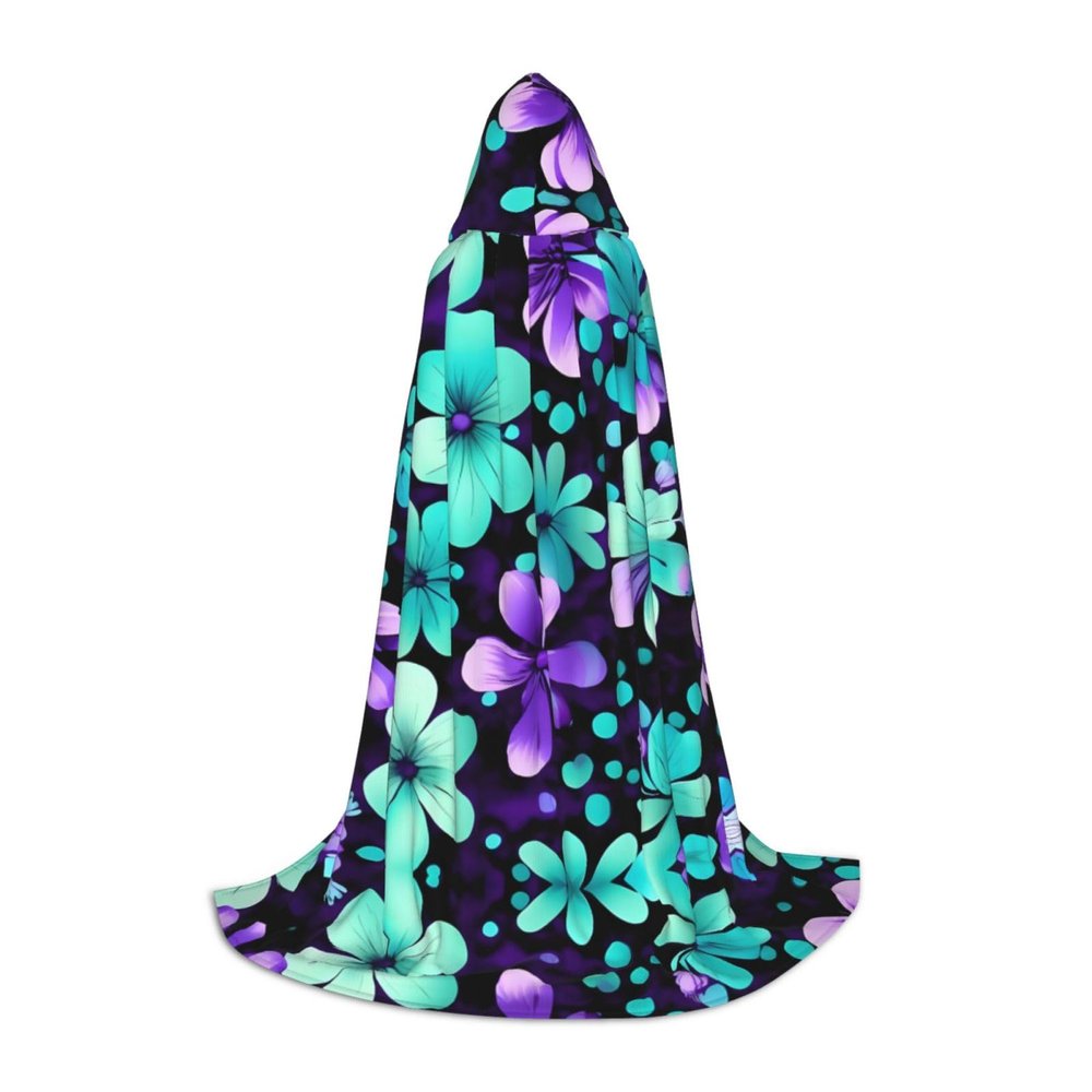 YQxwJL Purple And Teal Flowers Print Hooded Cloak,Unisex Cape,Witch Wizard Cape,Vampire Cape For Halloween Cosplay Costumes