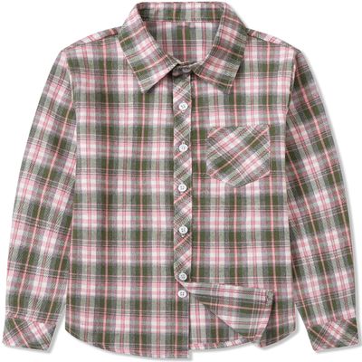 Betusline Girls' Plaid Flannel Shirt, Kids Long Sleeve Button Button Shirts Tops, F Green & Pink #25-6 Years= Tag 130